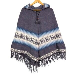 Alpaca Connection Peru Hooded Poncho Llama Knit Fringed Cape Blue Gray Blend